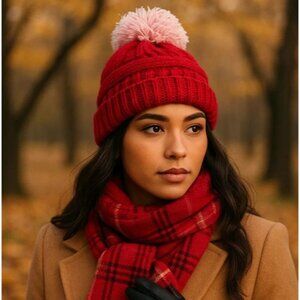 LA Hearts Red Knit Beanie Hat One Size with Pink Pom Pom PacSun Cozycore
